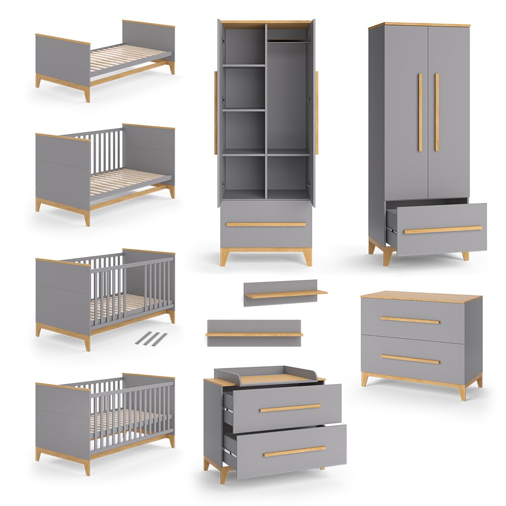 VitaliSpa Babymöbel Set Malia Grau Eiche Wickelkommode Wandregal Kinderbett Kleiderschrank Kinderzimmermöbel Wickelauflage Aufbewahrung Lattenrost Rausfallschutz Kleiderstange