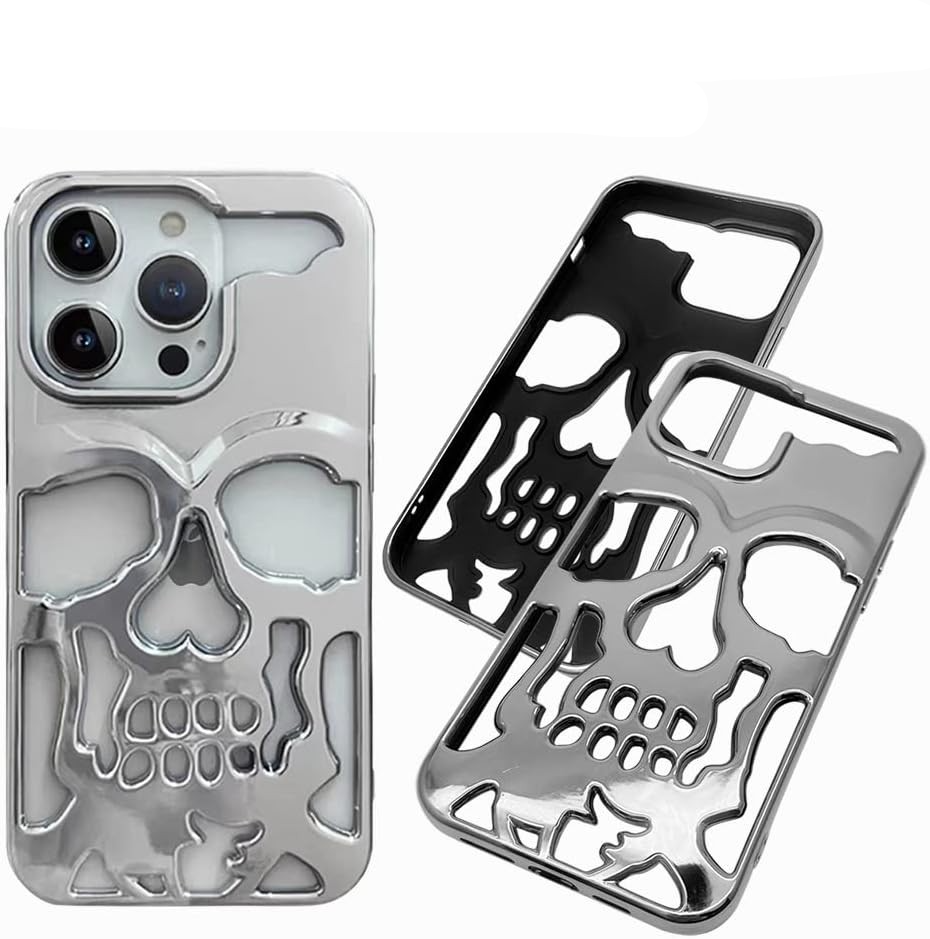 iPhone 14 Gummi Hülle Totenkopf Skull mit 3D Ausschnitt - Silber