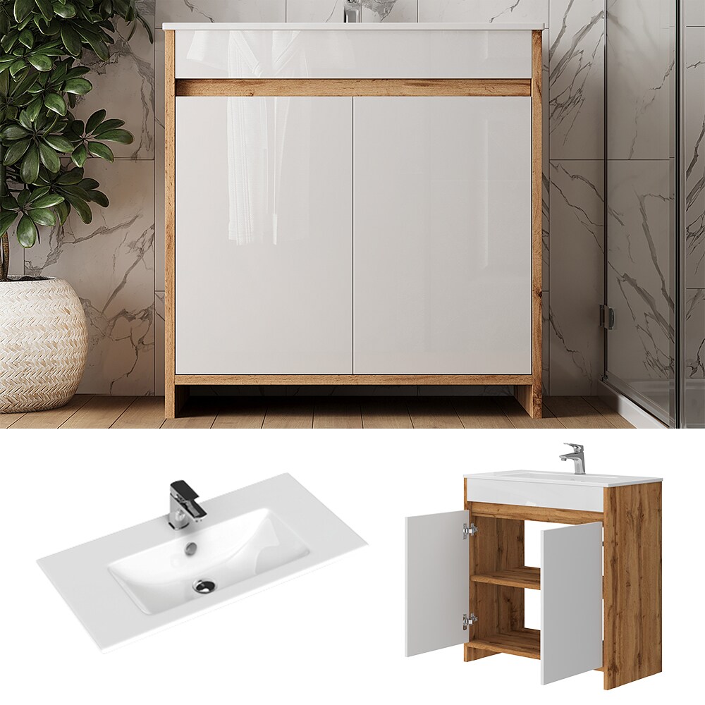 Vicco Waschbecken mit Unterschrank Lemgo Eiche Weiß 80 cm