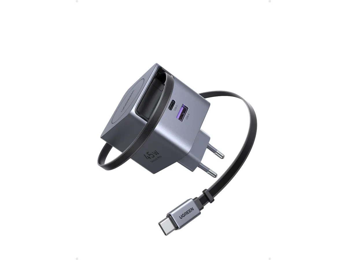(45W) 3in1 USB C / USB A GaN Ladegerät Fast Charger GaNinfinity & Thermal Guard mit ausziehbarem USB C Ladekabel (65822) - Silber
