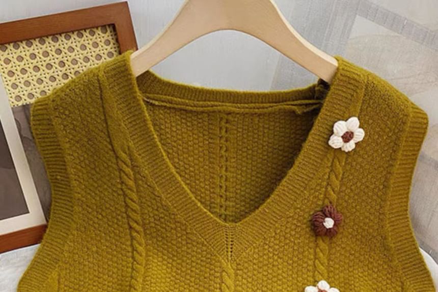FR - V-hals bloemengebreid vest