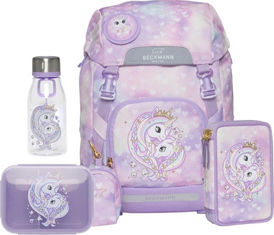 Beckmann Ryggsekk 22L inkl. Pennal, Flaske & Matboks, Unicorn Princess Purple