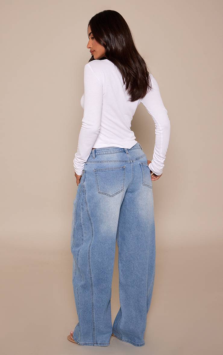 Mid Blue Wash Jean Barrel Taille Mi-haute Stretch Petite