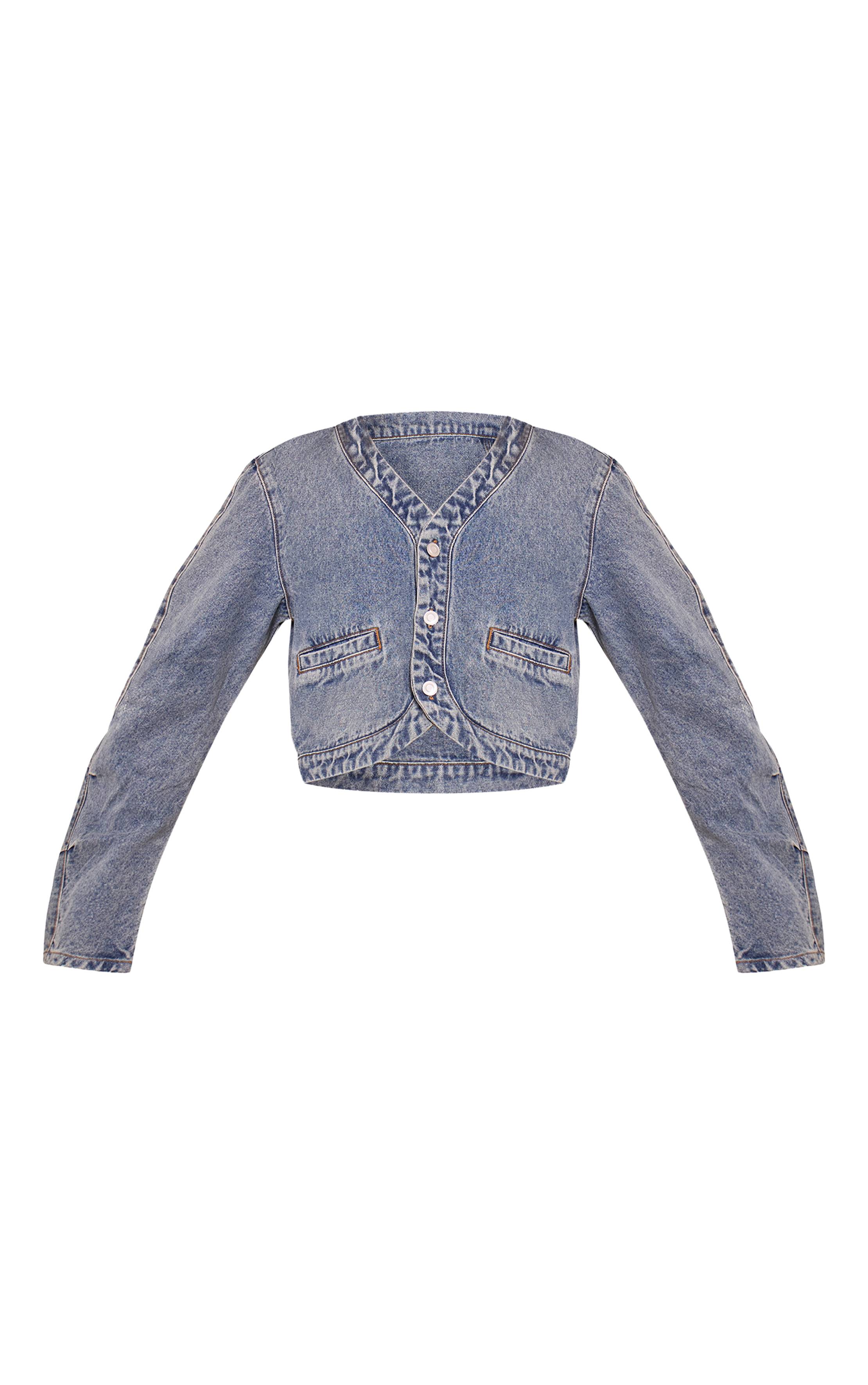 Délavage Vintage Veste En Jean Courte Grande Taille Col En V Ourlet Courbé Style Vintage