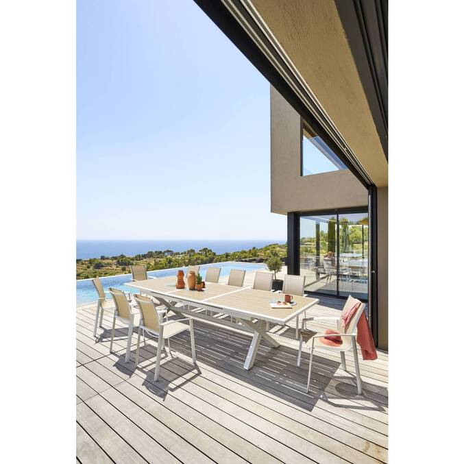 Table de jardin extensible AXIOME Effet bois Lin & Blanc