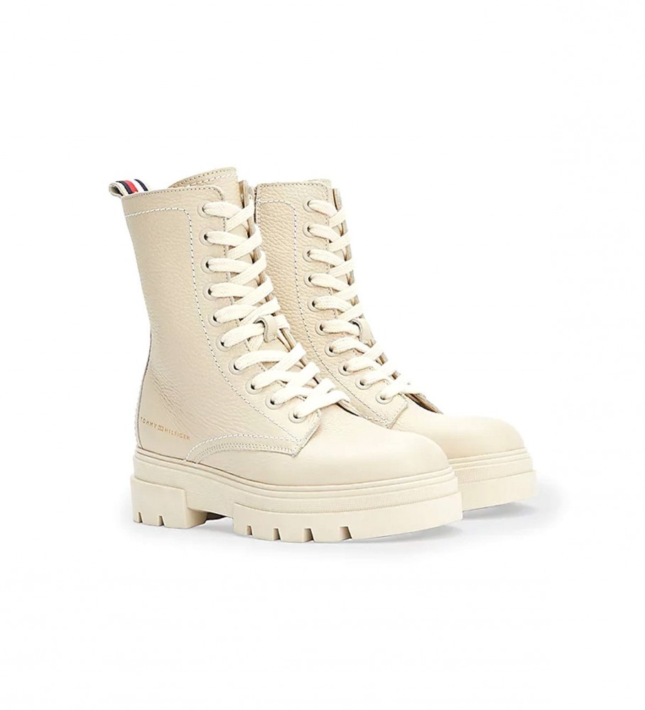 Botas de cano curto Tommy Hilfiger Off-White em couro com cadarço