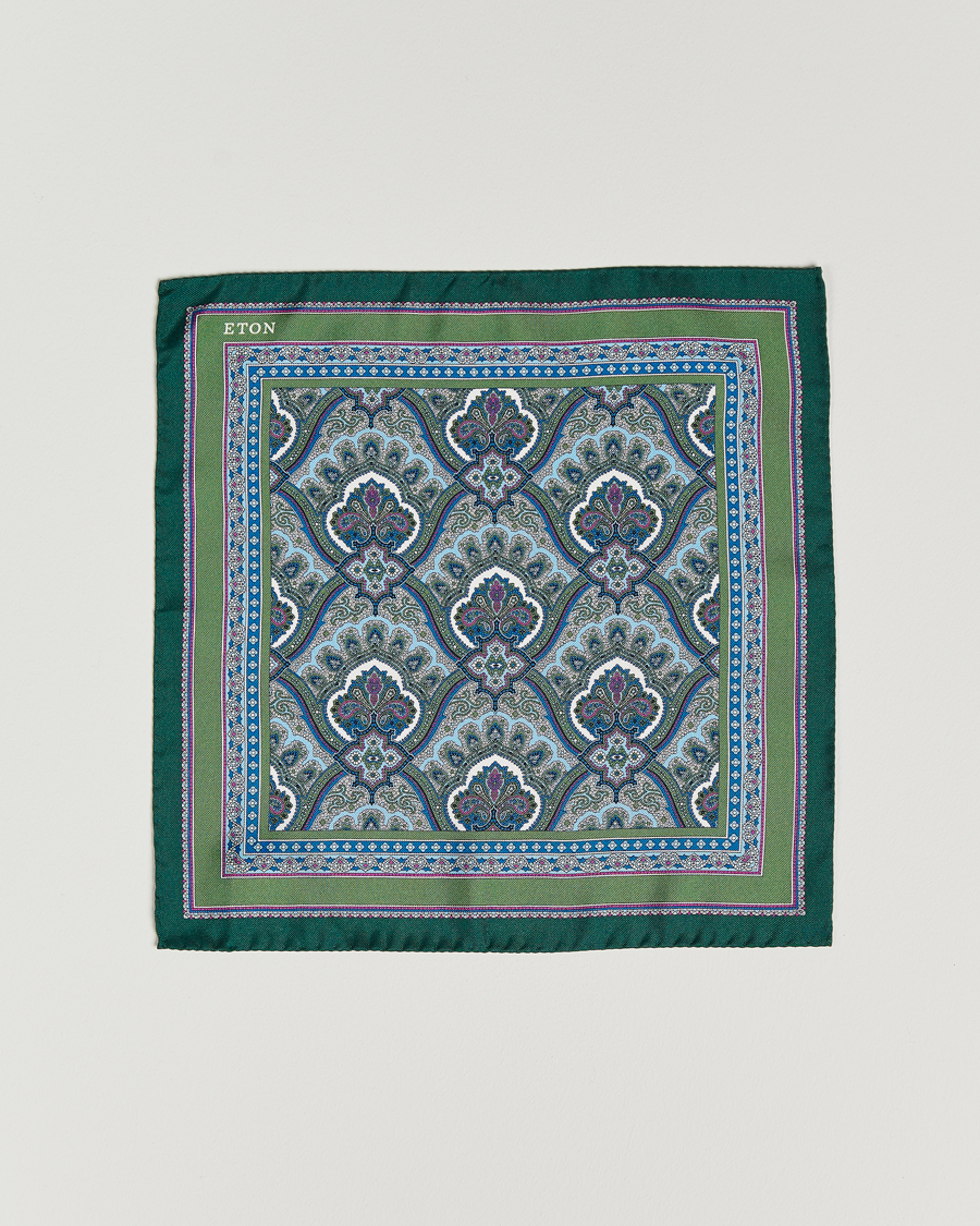 Eton Silk Paisley Print Pocket Square Green
