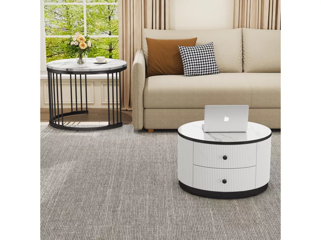 Lot de 2 tables basses gigognes avec 2 tiroirs - 60 x 60 x 45.5 cm + 50 x 50 x 32 cm - Aspect marbre brillant - MDF - Noir et blanc
