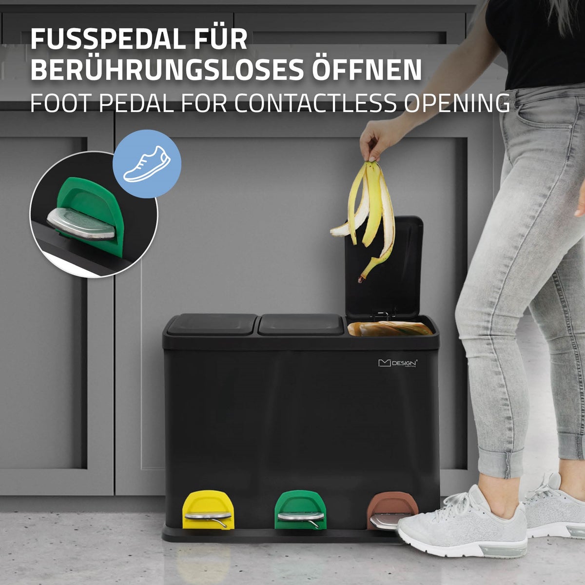 ML-Design Keuken Prullenbak 3x 15L (45L), Zwart, 3-compartimenten afvalscheidingssysteem, Pedaalemmer voor afvalscheiding, Stalen bak met kunststof binnenemmer en scharnierend deksel, Kleurgecodeerd