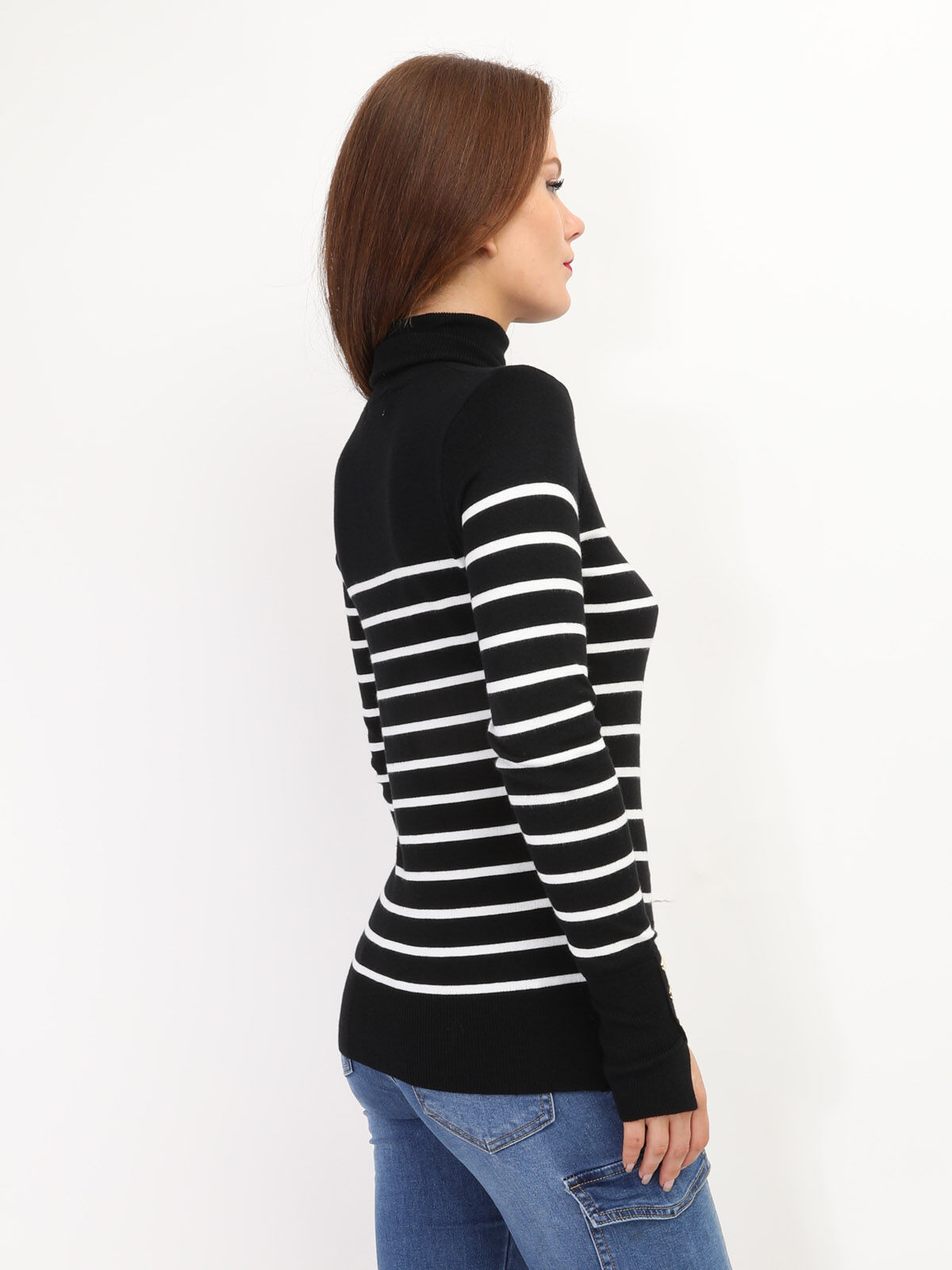 Pull marinière à col roulé- Noir