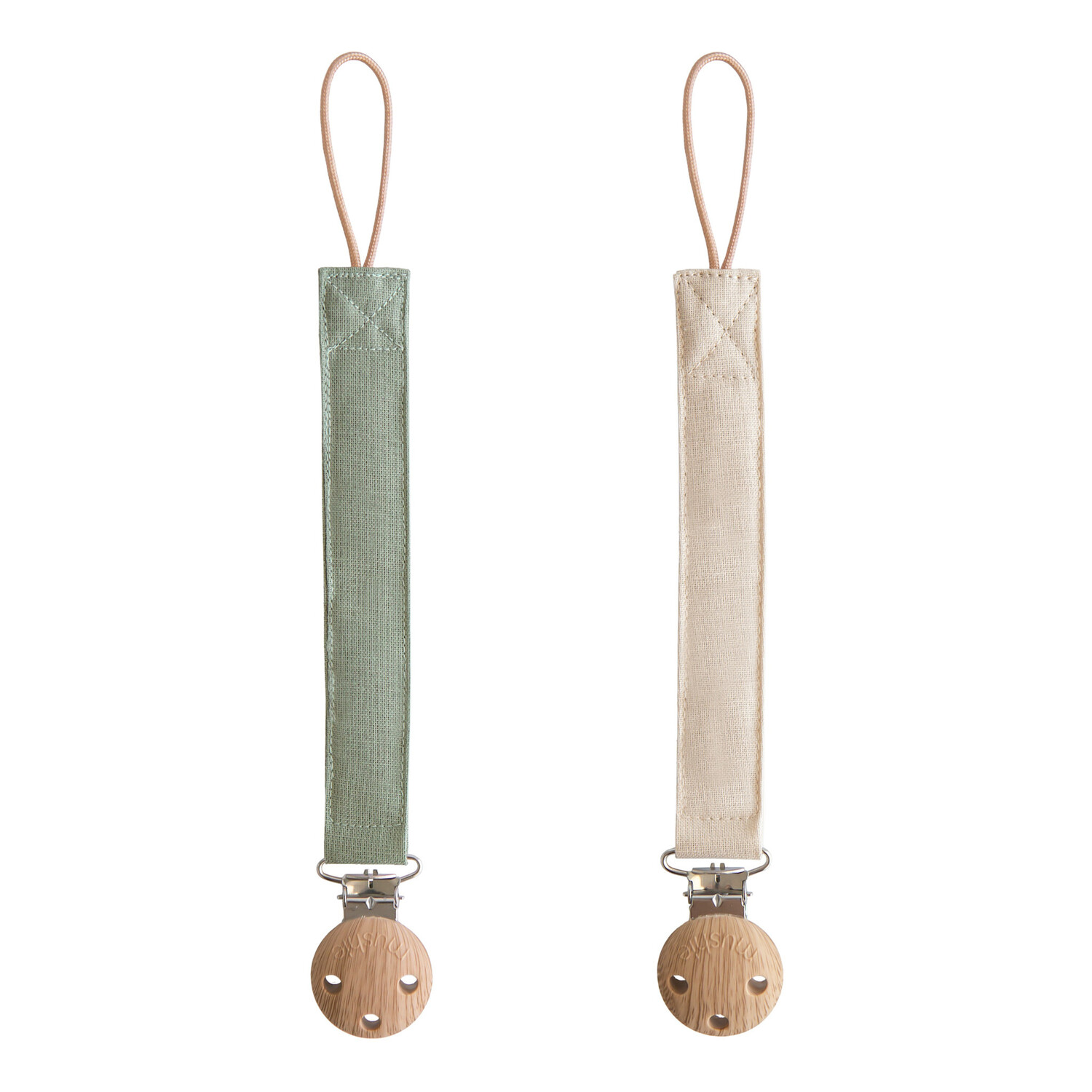 Mushie | Linen Pacifier Clip 2-Pack | Olive/Shifting Sand