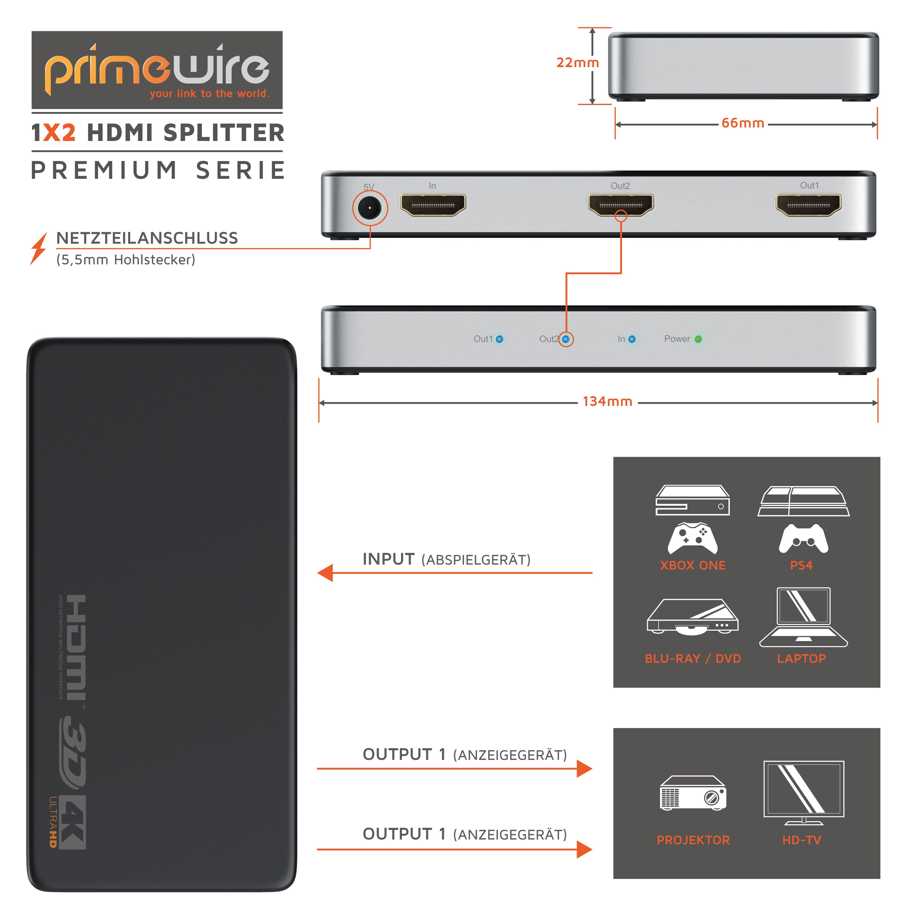 Primewire HDMI Splitter Verteiler 4K UHD Sat Verteiler 2160p 4K 30Hz, Full HD 144 Hz, 1 in 2 Out, CEC, HDCP, 3D Ready, Deep Color 30Bit 36Bit 48Bit