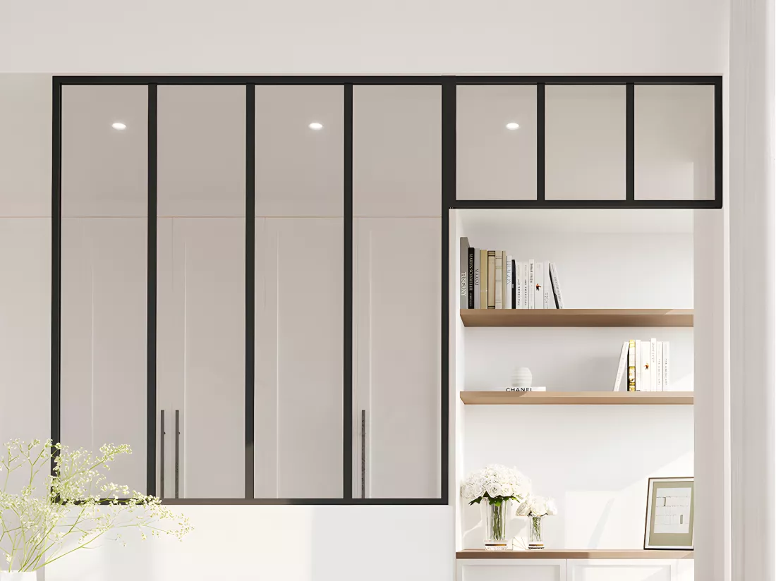 Verrière atelier avec imposte en aluminium thermolaqué - L120 x H130 + L83 x H40 cm - Noir - BAYVIEW