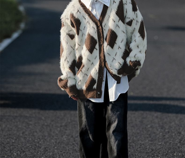 jaywoon - Argyle V-hals oversized pluizige cardigan
