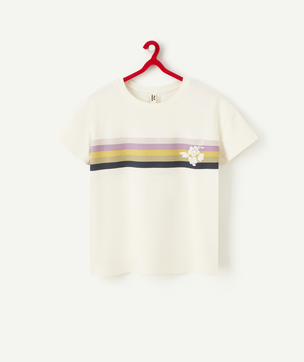T-SHIRT FILLE EN COTON BIO ÉCRU AVEC BANDES COLORÉES