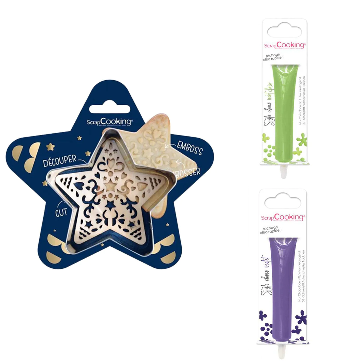 Kit pour biscuit en relief Étoile + 2 Stylos au chocolat vert clair et