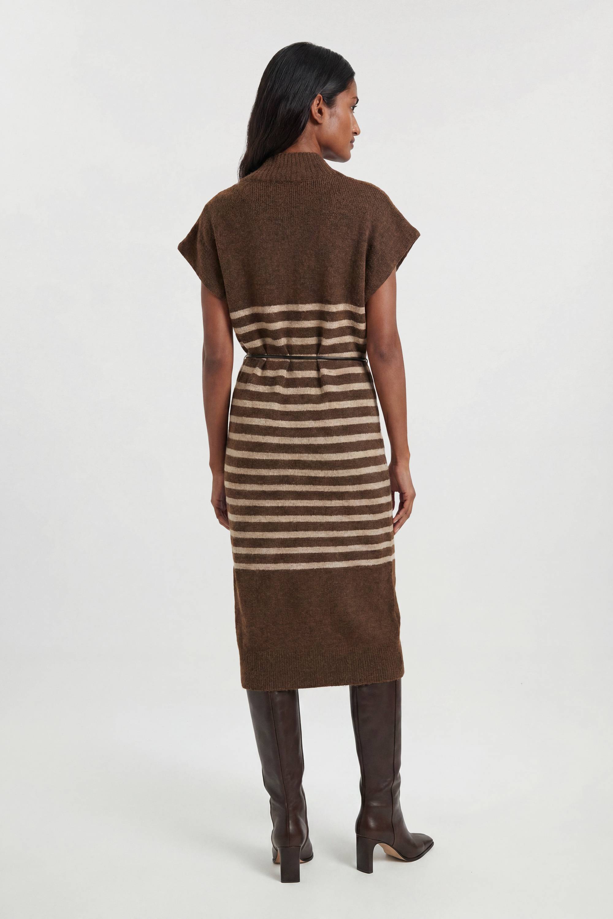 KarenMillen Robe Midi Ceinturée À Rayures En Maille Côtelée Mélangée Laine