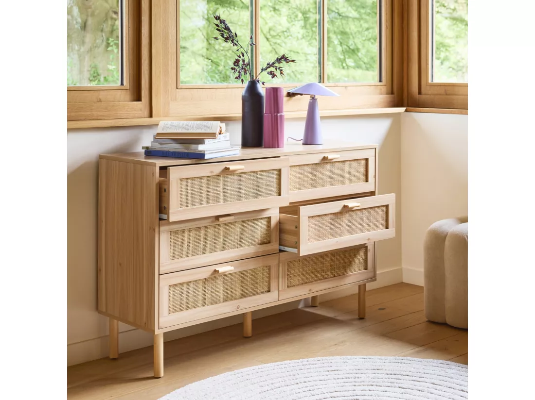 Commode 6 tiroirs cannage et effet bois CAMARGUE L 120 x P 40 x H 80cm