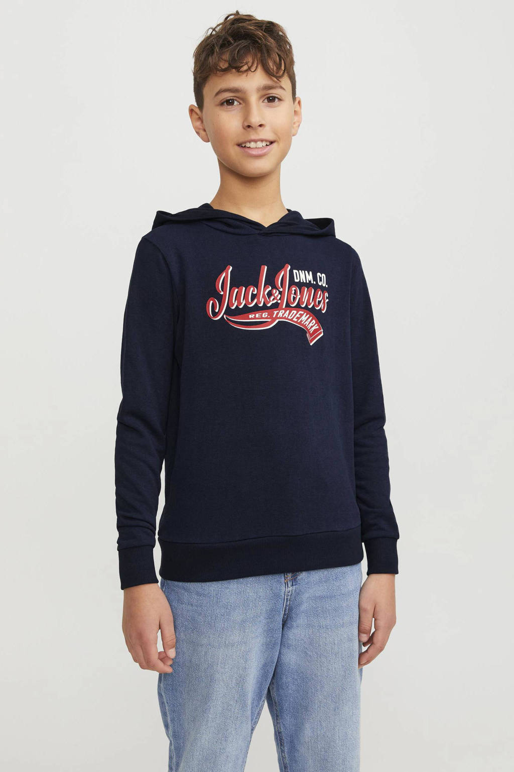 JACK & JONES hoodie JJELOGOmet tekst donkerblauw/rood