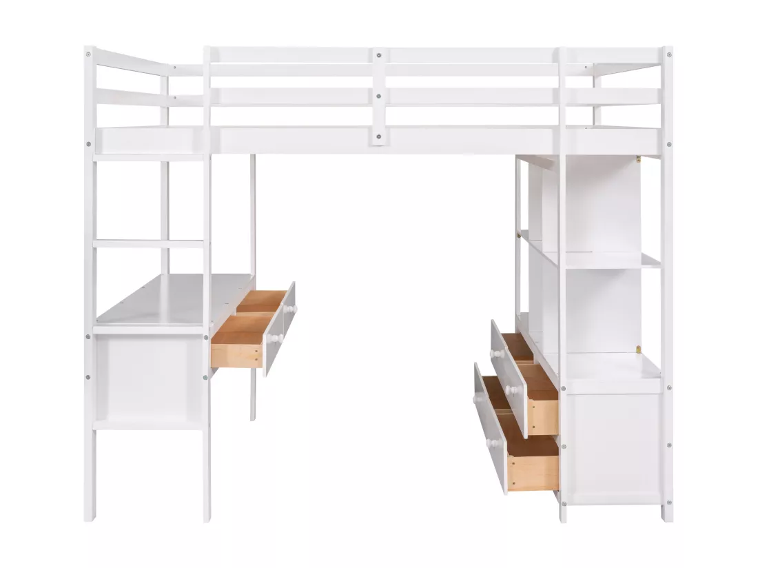 Lit mezzanine enfant 140 x 200 cm avec tiroirs et bureau - Bois de pin - Sommier à lattes - Blanc