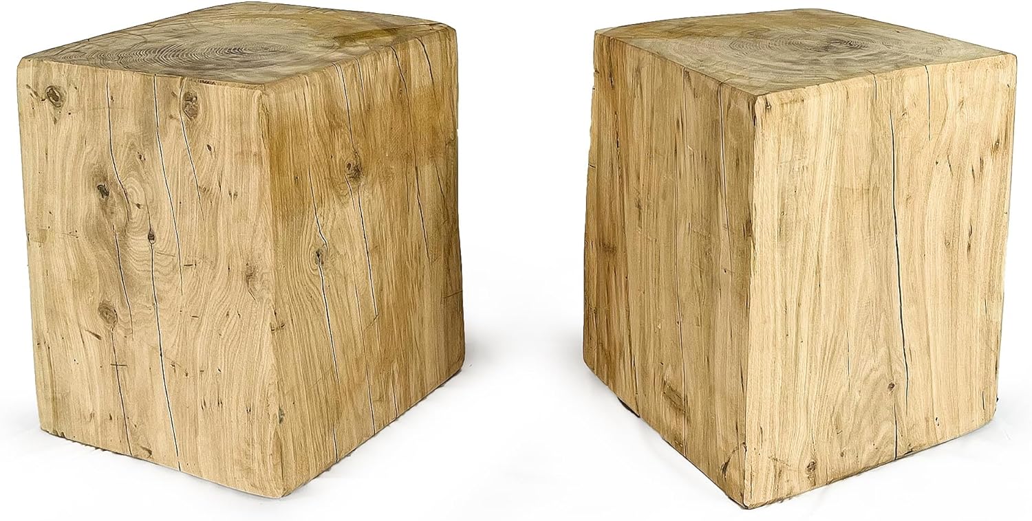 2er Set: Holzblock Eiche Massiv - Handgefertigter Holzklotz - Rustikale Holzsäule - Beistelltisch Hocker Dekosäule - Massivholz Eichenholz (40 cm x 40 cm)