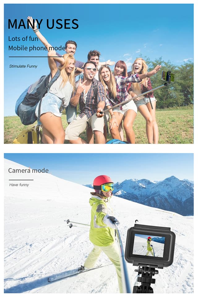 Selfie stick/mobilstativ med fjernbetjening, kamera og Gopro kompatibel