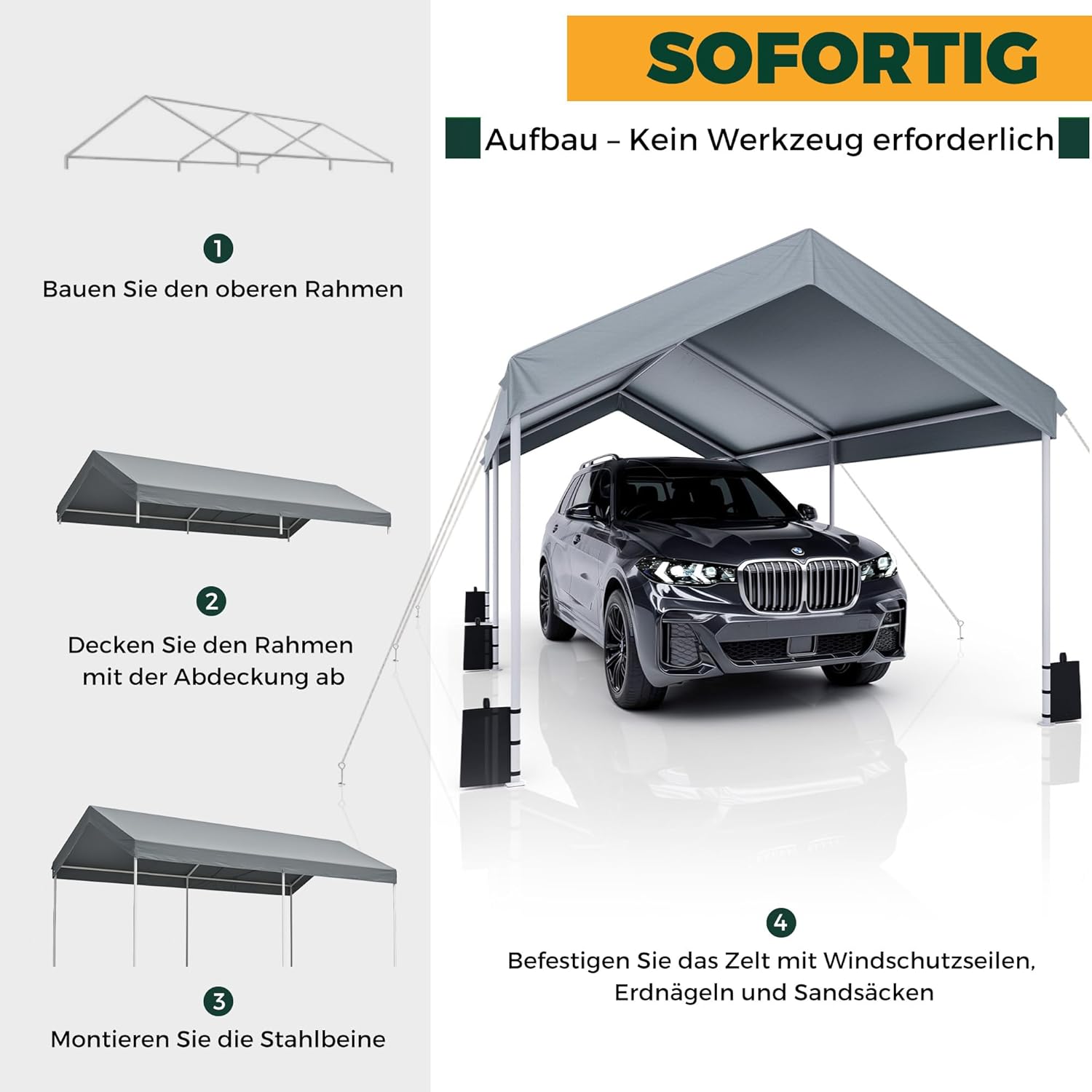 Carport 3x6 m Zeltgarage Carport mit Dach, UV-beständig wasserdicht Garagenzelt Unterstand Lagerzelt Weidezelt Garagenüberdachung für Auto, SUV, LKW, Boot, Auto Garage Zelt für Garten Party