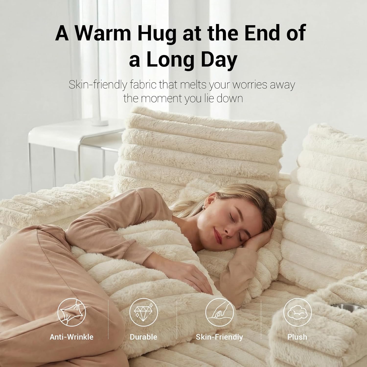 Oversized Chaiselongue Sofa, 163 cm Großer Schlafsessel mit stabilem Holzrahmen, Plüsch Cord Relaxliege mit 2 Getränkehaltern & 4 Taschen, Liegesessel für Wohnzimmer (Beige)