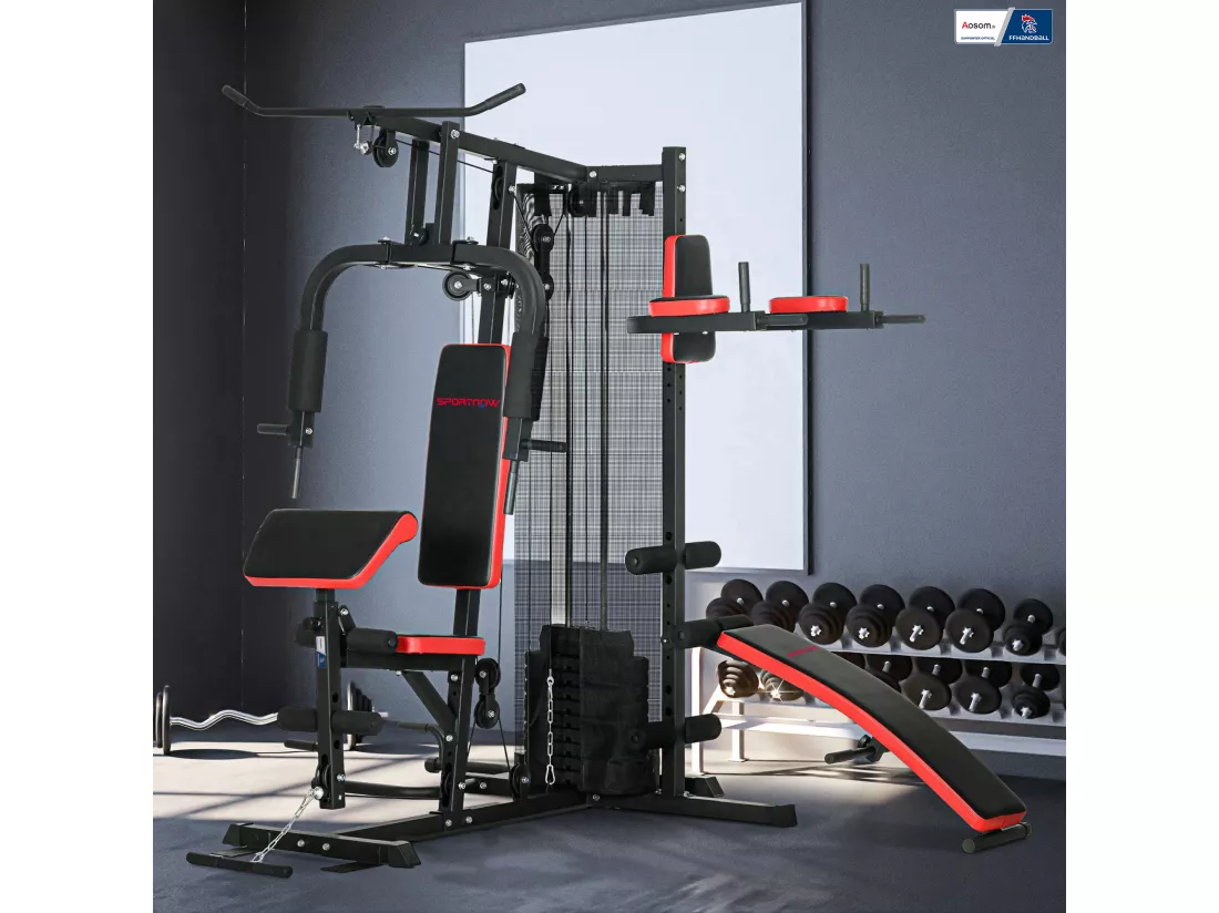 Station de musculation multi-équipement - collaboration Aosom.fr x FFHandball - 10 contrepoids - acier noir rouge