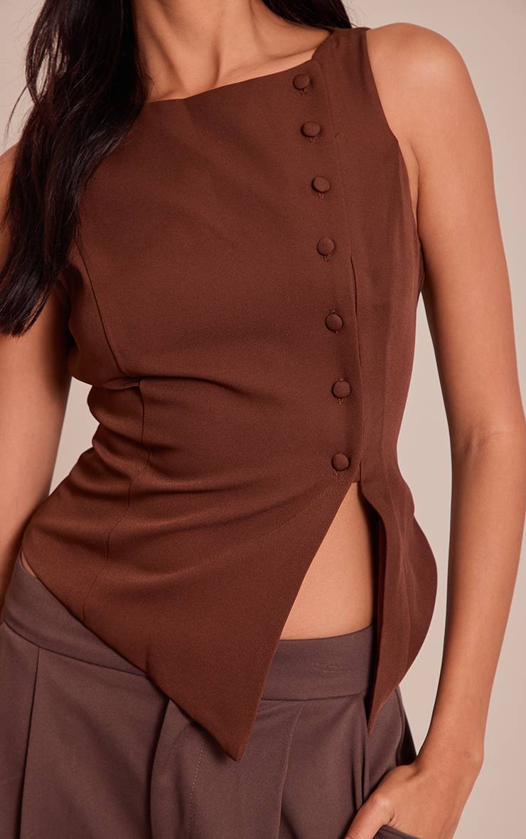 Chocolat Gilet Sans Manches Tissé À Fines Rayures Avec Détail De Boutons Asymétriques