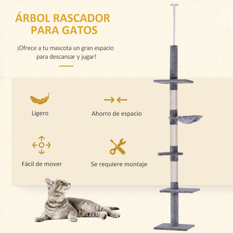 Árvore para gatos Pawhut para teto, ajustável em 5 níveis, bege e cinza.