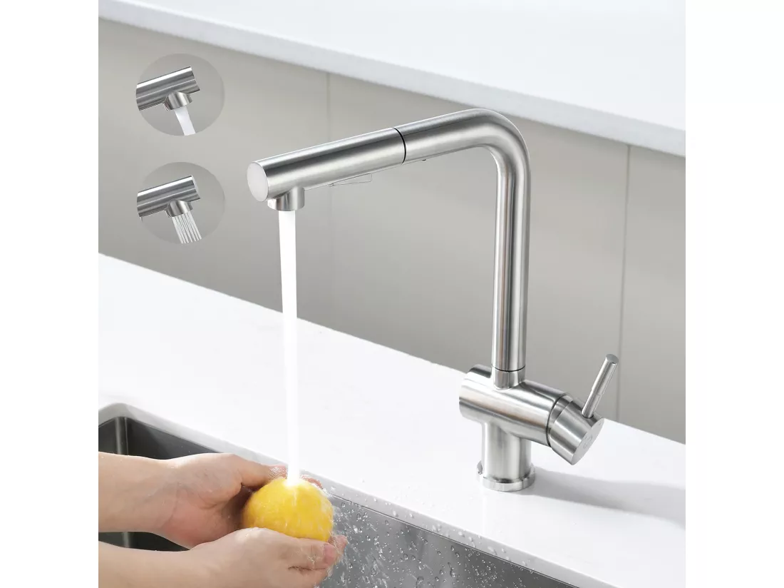 Cecipa max Mitigeur de Cuisine Brossé avec Douchette Extractible Robinets de Cuisine 2 modes de pulvérisat en Acier inoxydable,EU Modèle