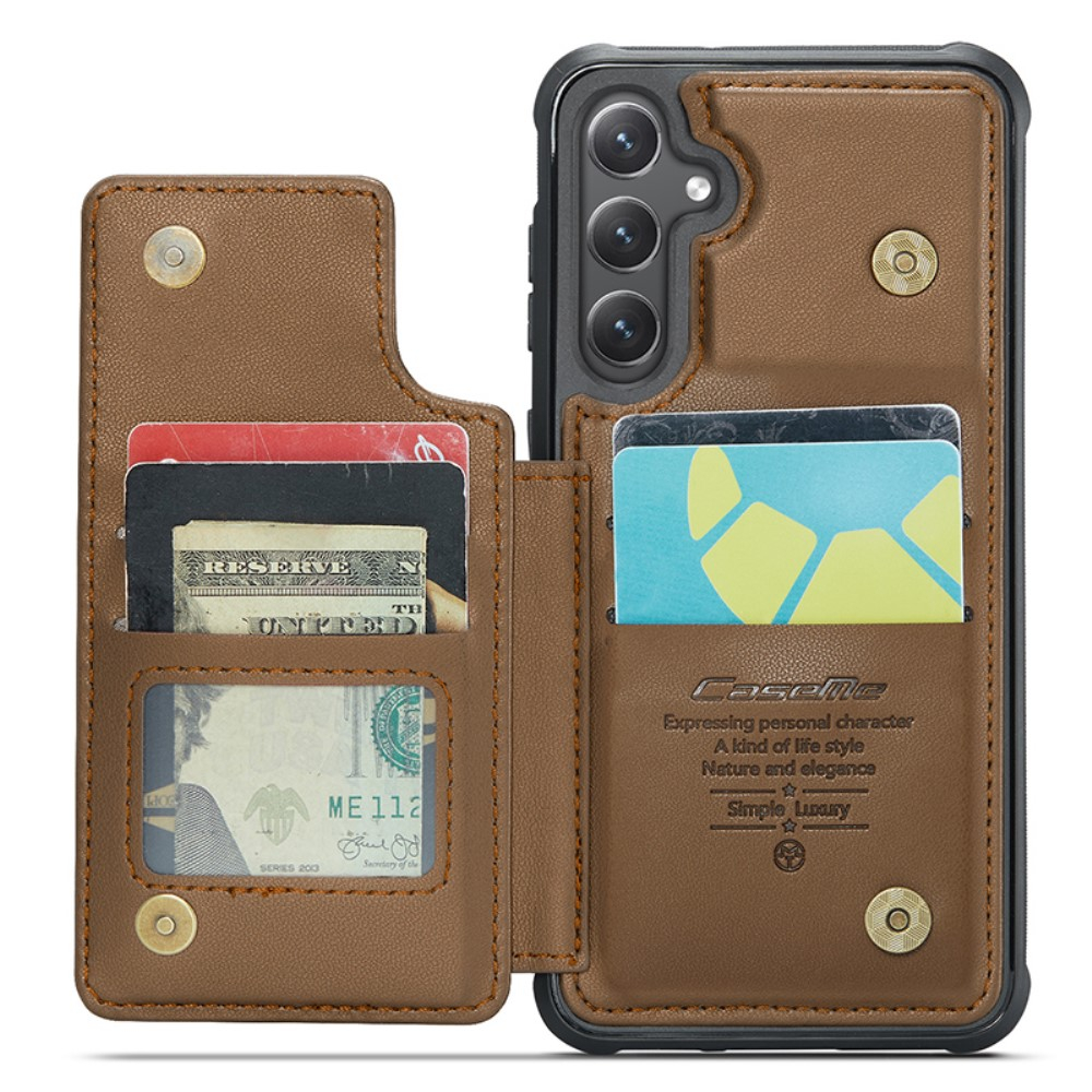 Samsung Galaxy S23 FE Leder Hülle mit Kartenfächern im Litchi Look   Kickstand (RFID Schutz) - Braun