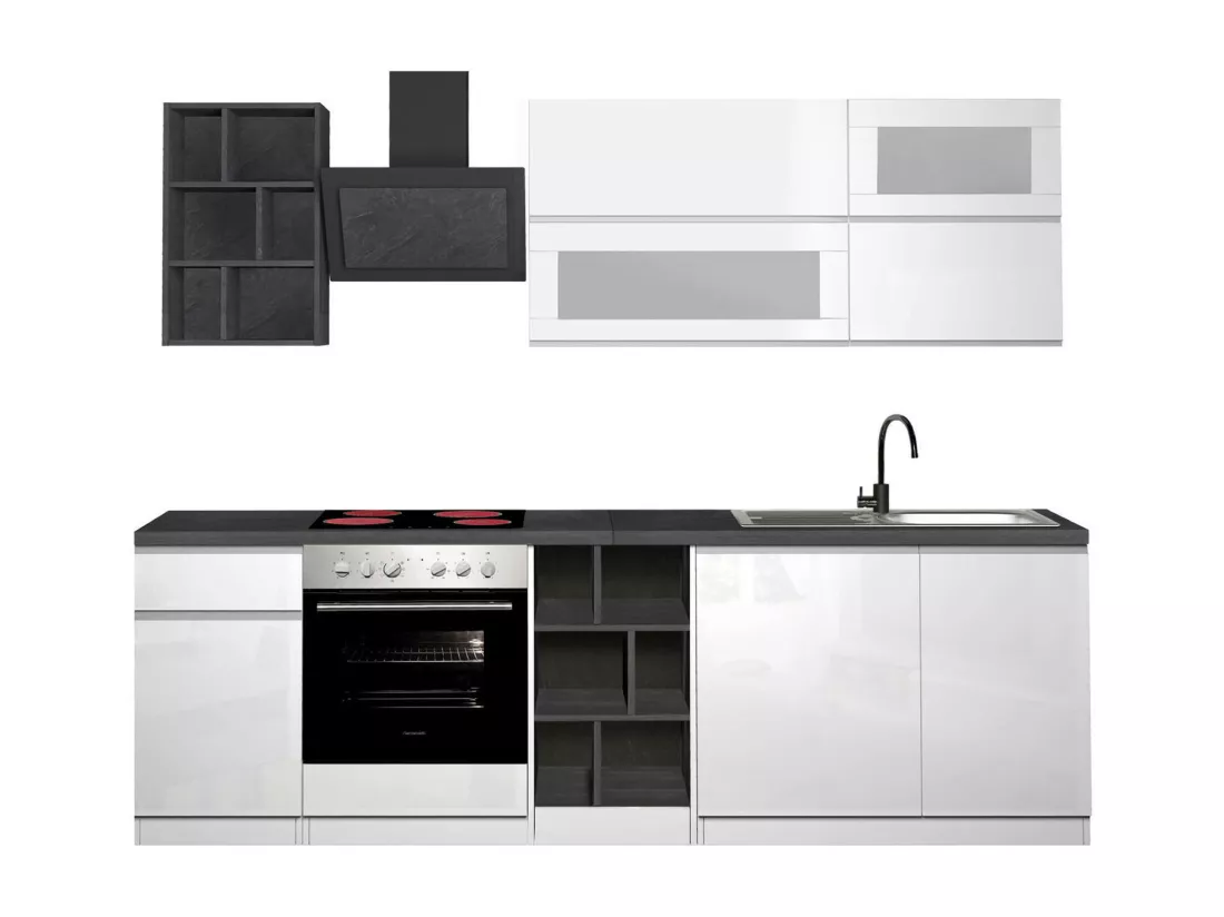 Cuisine complète Dcastill, Ensemble avec garde-manger, Meuble de kitchenette, Kit bloc linéaire, 100% Made in Italy, 255x60h85 cm, Blanc brillant et ardoise