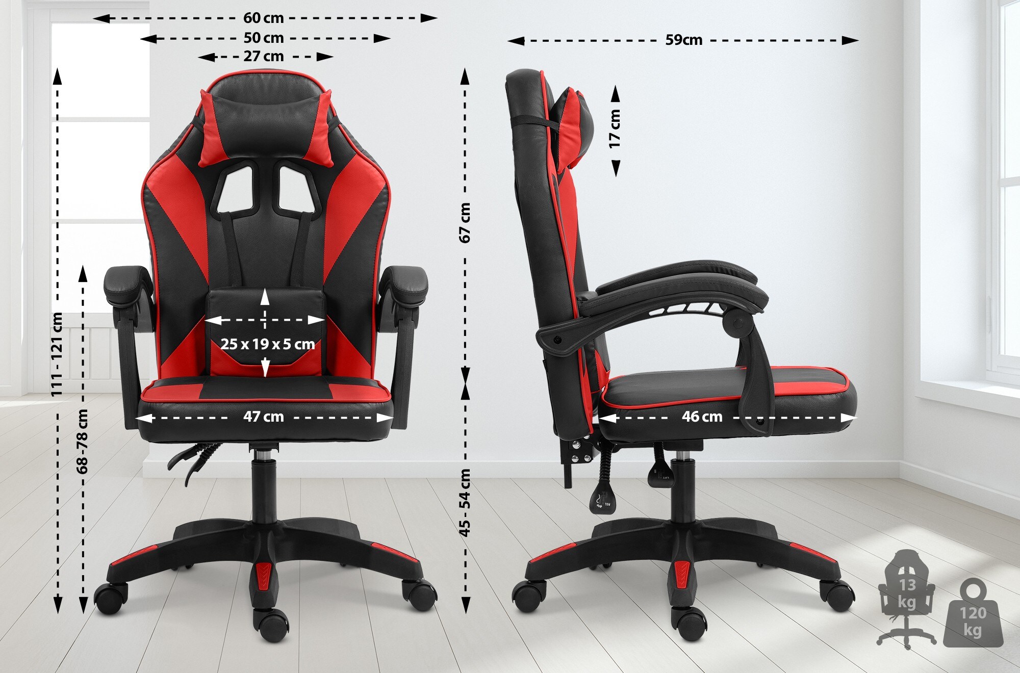 CLP Bürostuhl Orkney I Ergonomischer Gamingstuhl mit Kunstlederbezug I Schreibtischstuhl mit verstellbarer Rückenlehne und Kopfstütze