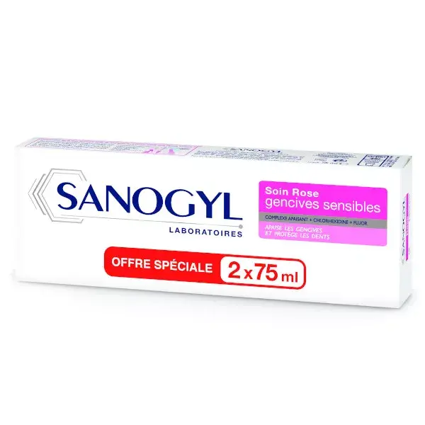 Pasta de dentes Sanogyl Pink para gengivas sensíveis, embalagem com 2 unidades de 75ml