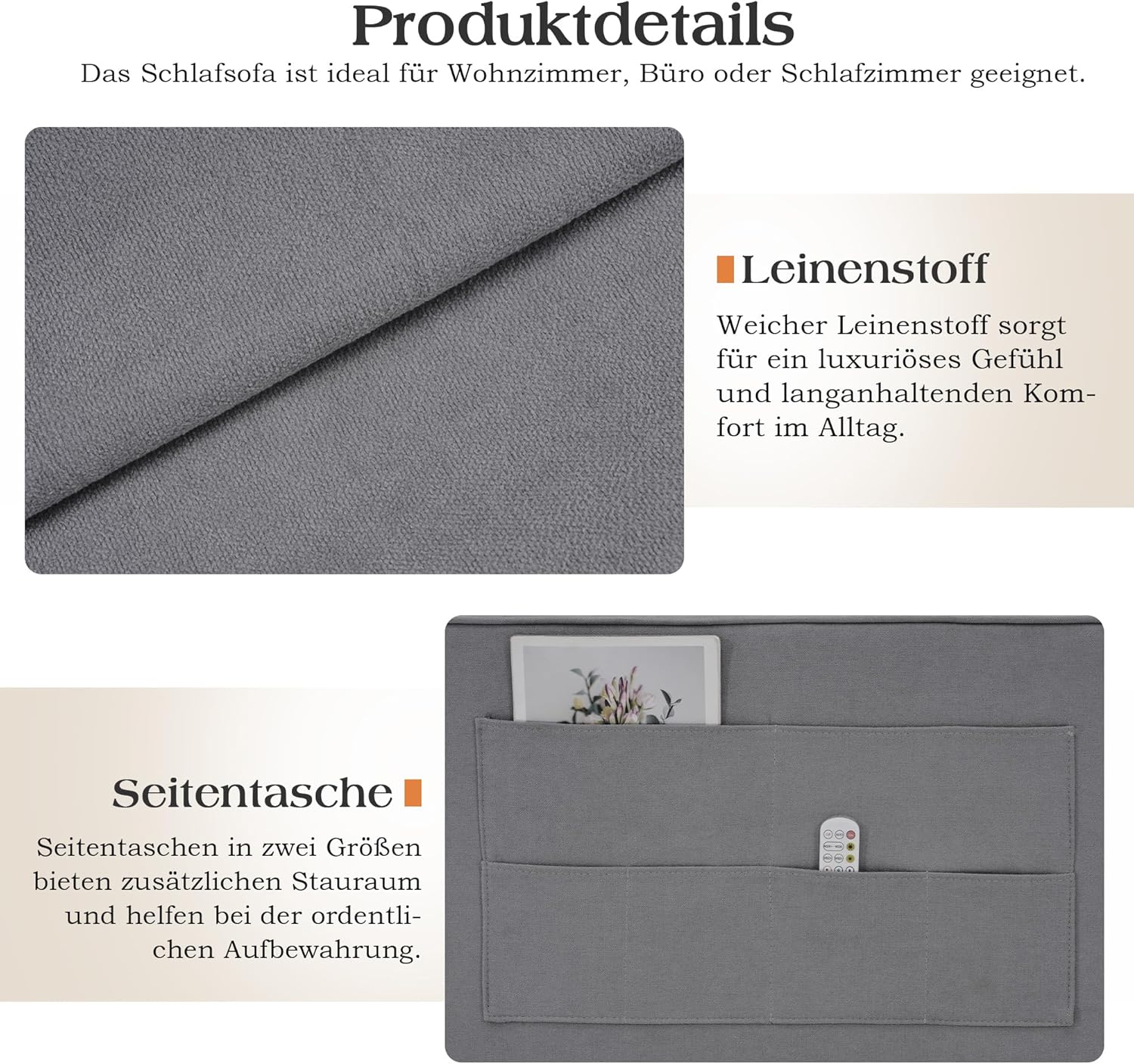 Schlafsofa 186 x 122 cm mit 5-stufig Verstellbarer Rückenlehne, 3-in-1 Schlafcouch mit Kissen und Seitentasche, hellgraues Leinen-Sofa für Gästezimmer & kleine Räume