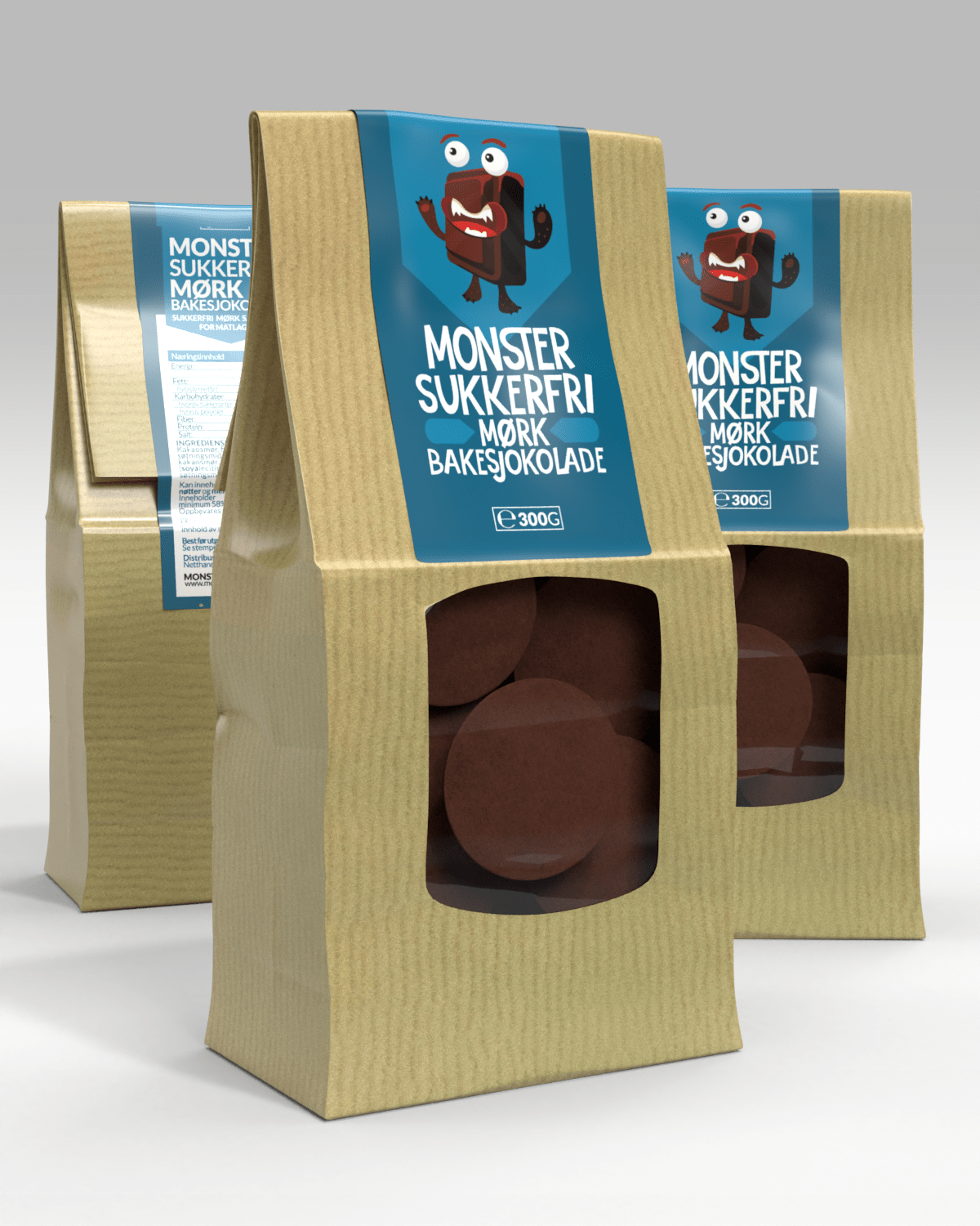 Monster Sukkerfri Mørke Sjokoladeknapper\/Bakesjokolade 3x300g - TREPAKNING!