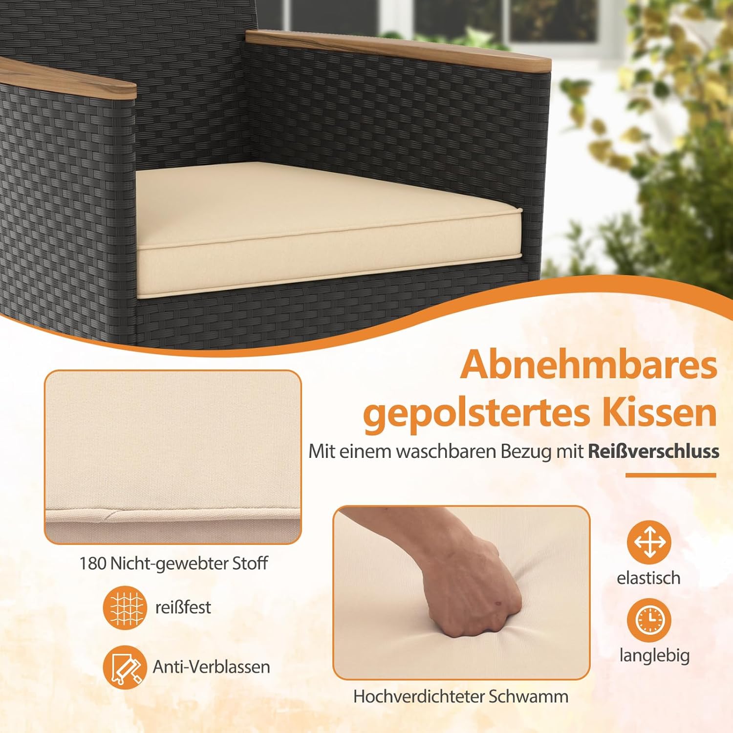 COSTWAY 5 TLG. Rattan Gartenmöbel Set, Sitzgruppe für 4 Personen, Gartentisch mit Tischplatte aus Akazienholz, 4 Stühle & Kissen, Terrassenmöbel, Balkonmöbel, Gartengarnitur, Sitzgarnitur, Essgruppe