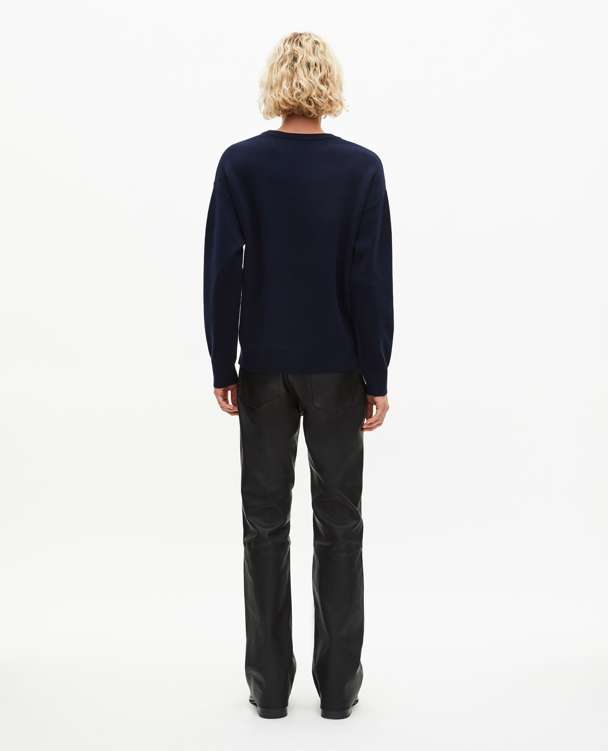 Pull col rond en laine double face marine