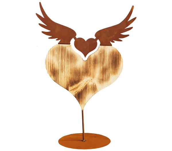 Ferrum Holz-Herz mit Metall-Flügeln, rost,