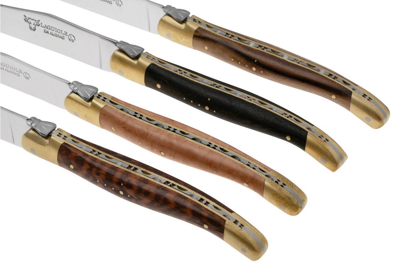 Laguiole en Aubrac 42C99BDLBHK, Brass, 4-delige steakmessenset, gemengd hout