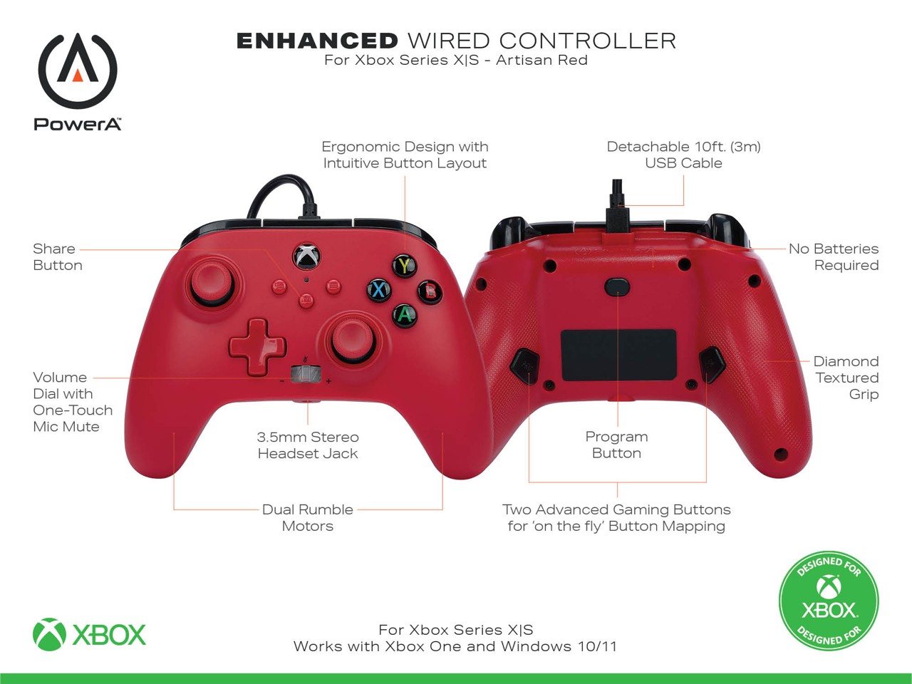PowerA Enhanced Wired Controller - Xbox Series X/S - Artisan Red