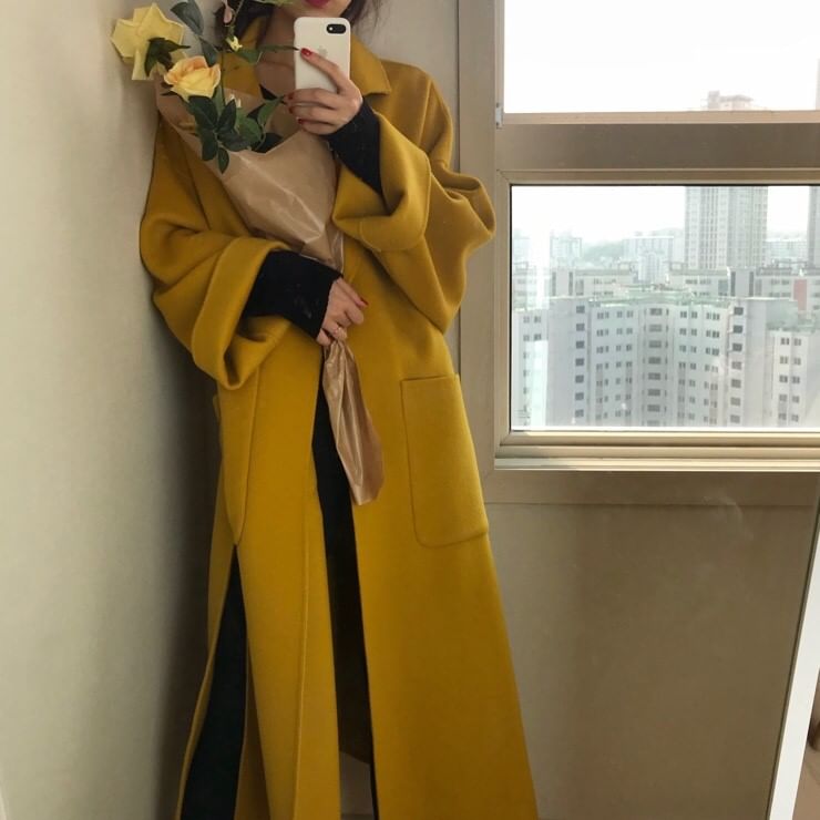 Coris - Notch Lapel Plain Midi Sashed Coat