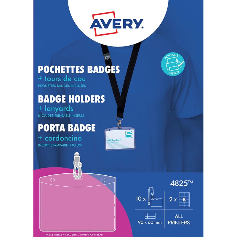 Badges 60 x 90 mm Avery avec tour de cou et mousqueton - Boite de 10