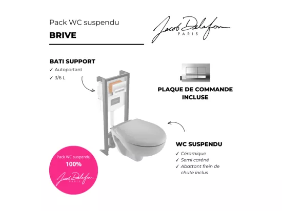 Pack WC suspendu JACOB DELAFON Brive semi caréné + bâti-support + abattant frein de chute + plaque chromée