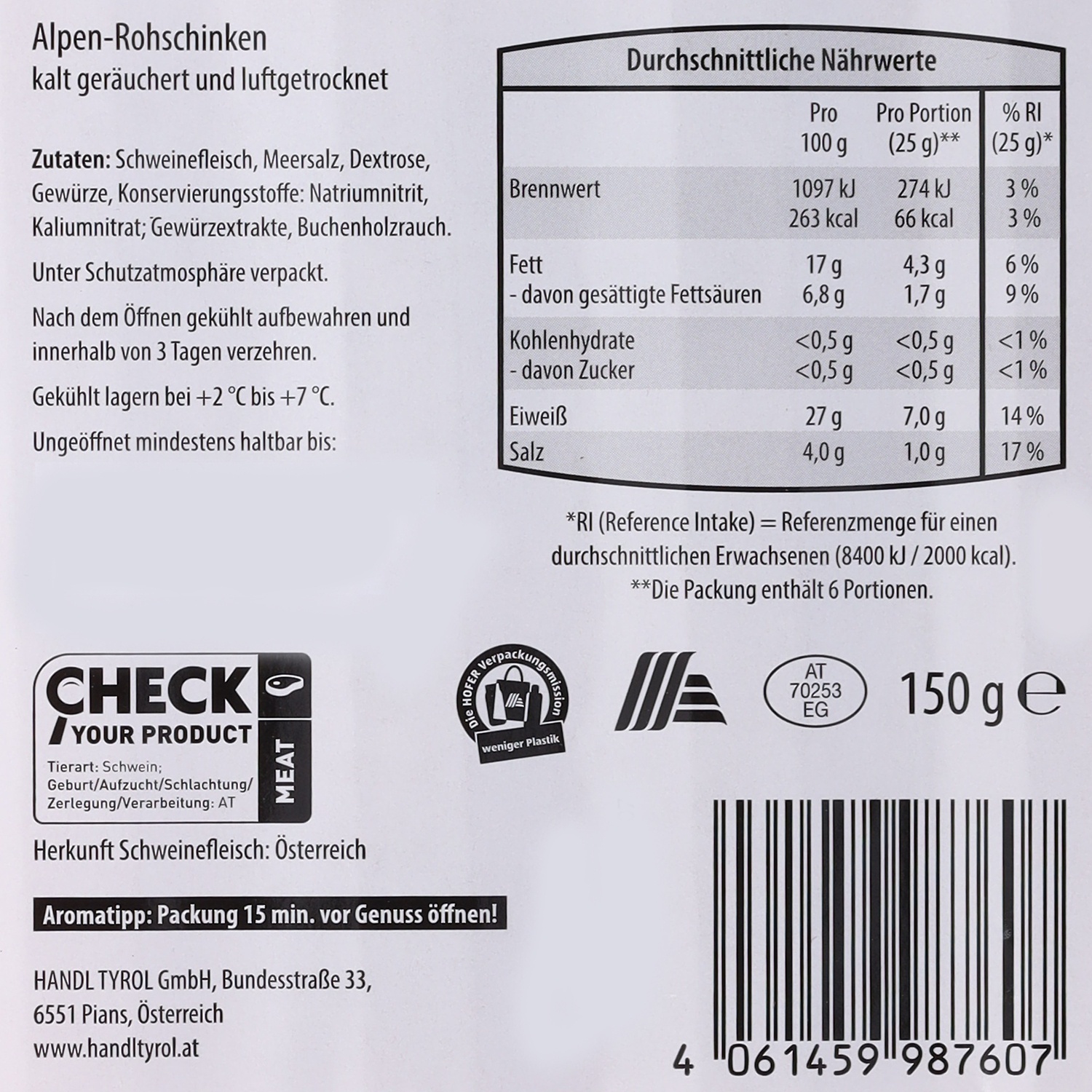 GENUSS 100% AUS ÖSTERREICH Alpenrohschinken 150 g