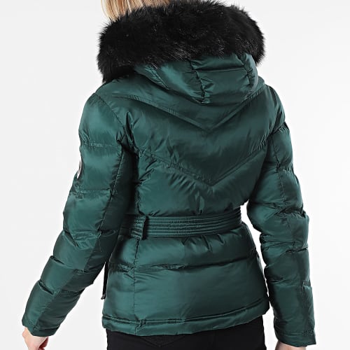 Doudoune Chauffante Capuche Fourrure Femme Iron Lady Vert Canard Noir