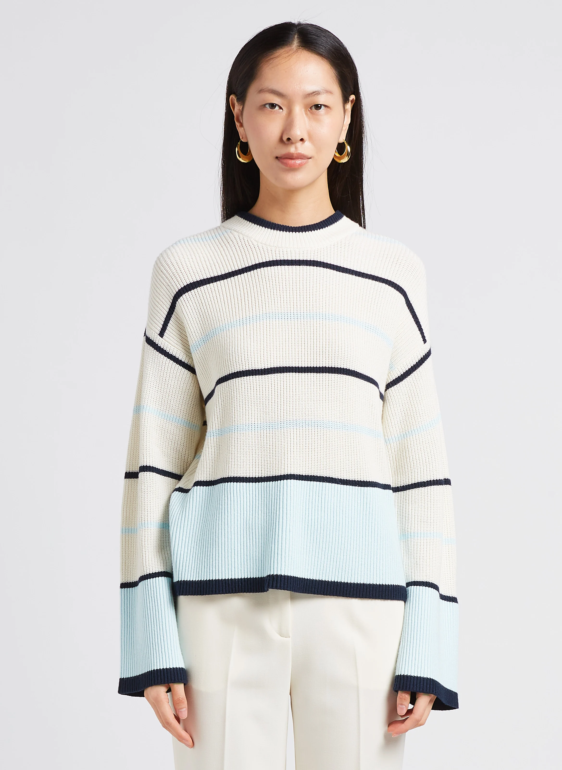 KAINA - Pull col rond rayé en maille mélangée| Blanc