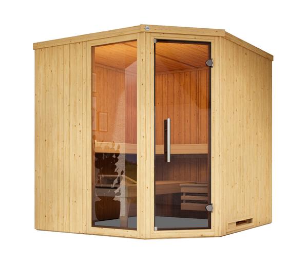 Weka Ecksauna Varberg mit Glastür und Fenster